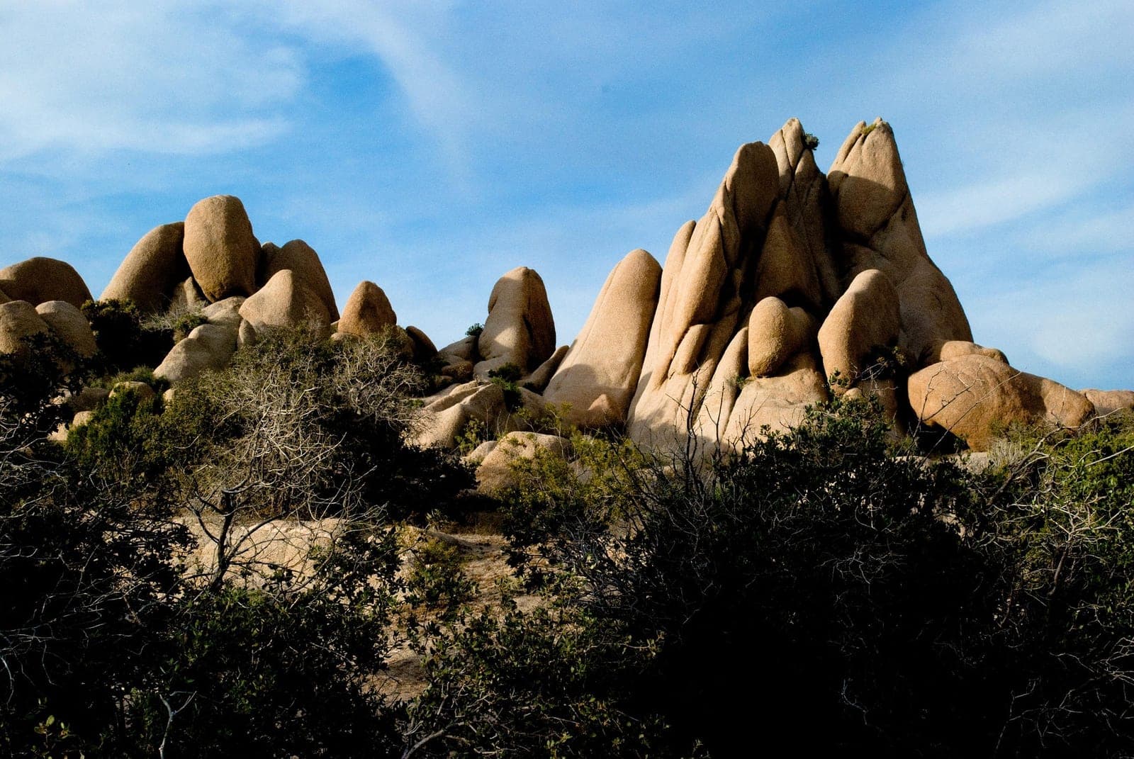 A ridge of weathered granite boulders in the Joshua Tree desert under a clear blue sky