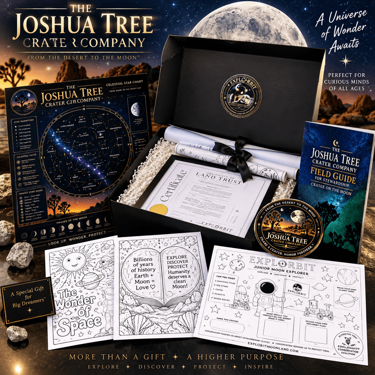 Everything in the gift package laid out around the open presentation box: the celestial star chart poster, the gold-sealed certificate, the field guide booklet, the company decal and the children’s activity sheets